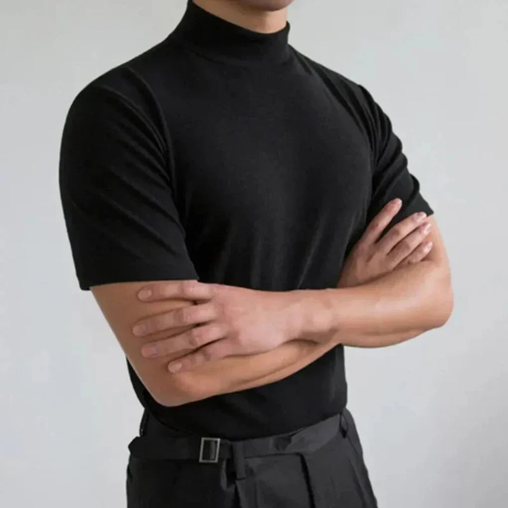 Men's stylish high-collar mock neck t-shirt. Short sleeve regular fit for a modern casual daily outfit.