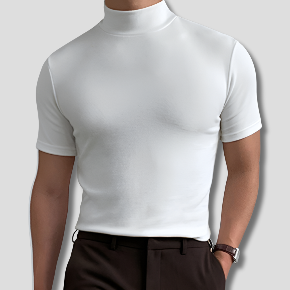 Versatile men's high-collar t-shirt. Short sleeve mock neck top for smart casual wear & modern men's fashion.