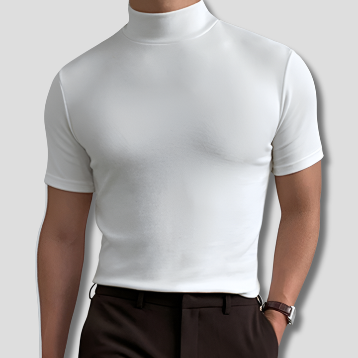Versatile men's high-collar t-shirt. Short sleeve mock neck top for smart casual wear & modern men's fashion.