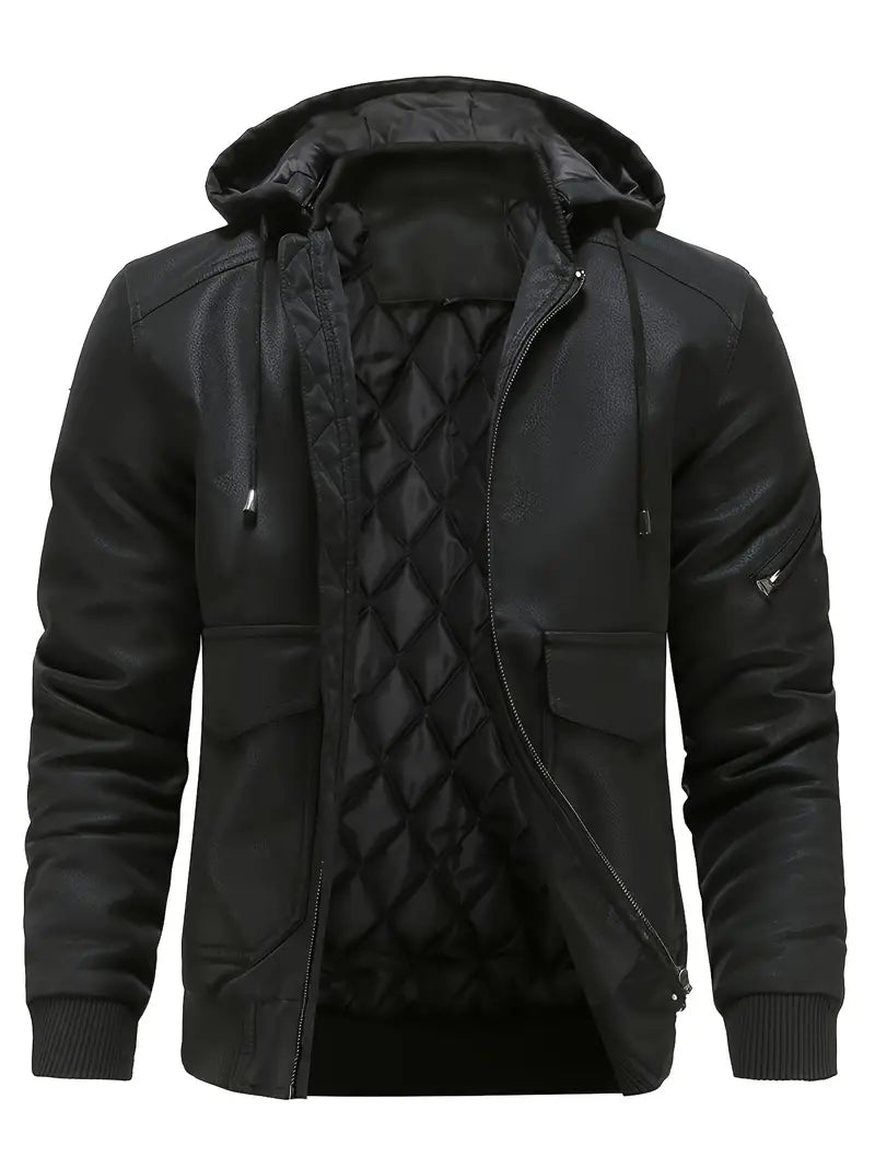 Warm men's hooded bomber jacket with ribbed cuffs & front zipper. Versatile fall/winter outerwear for men.