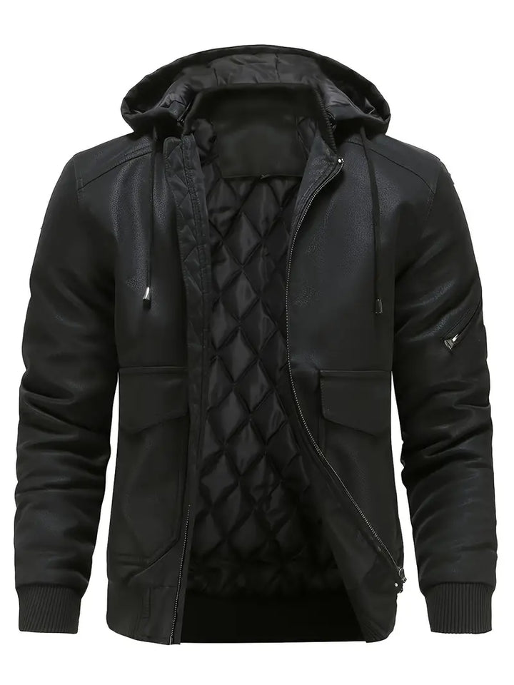 Warm men's hooded bomber jacket with ribbed cuffs & front zipper. Versatile fall/winter outerwear for men.