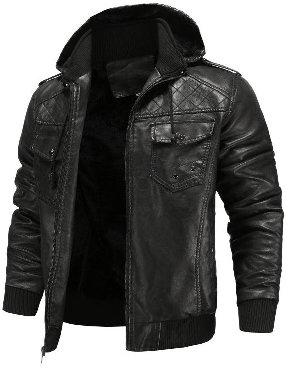 Fashionable men's hooded bomber jacket with ribbed cuffs & hem, ideal for casual fall and winter wear.