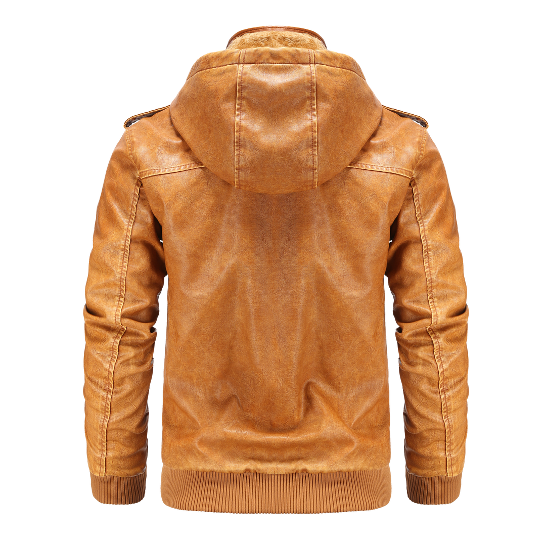Warm hooded bomber jacket for men, stylish fall & winter outerwear, comfortable for casual wear.