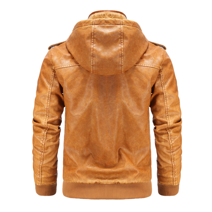 Warm hooded bomber jacket for men, stylish fall & winter outerwear, comfortable for casual wear.