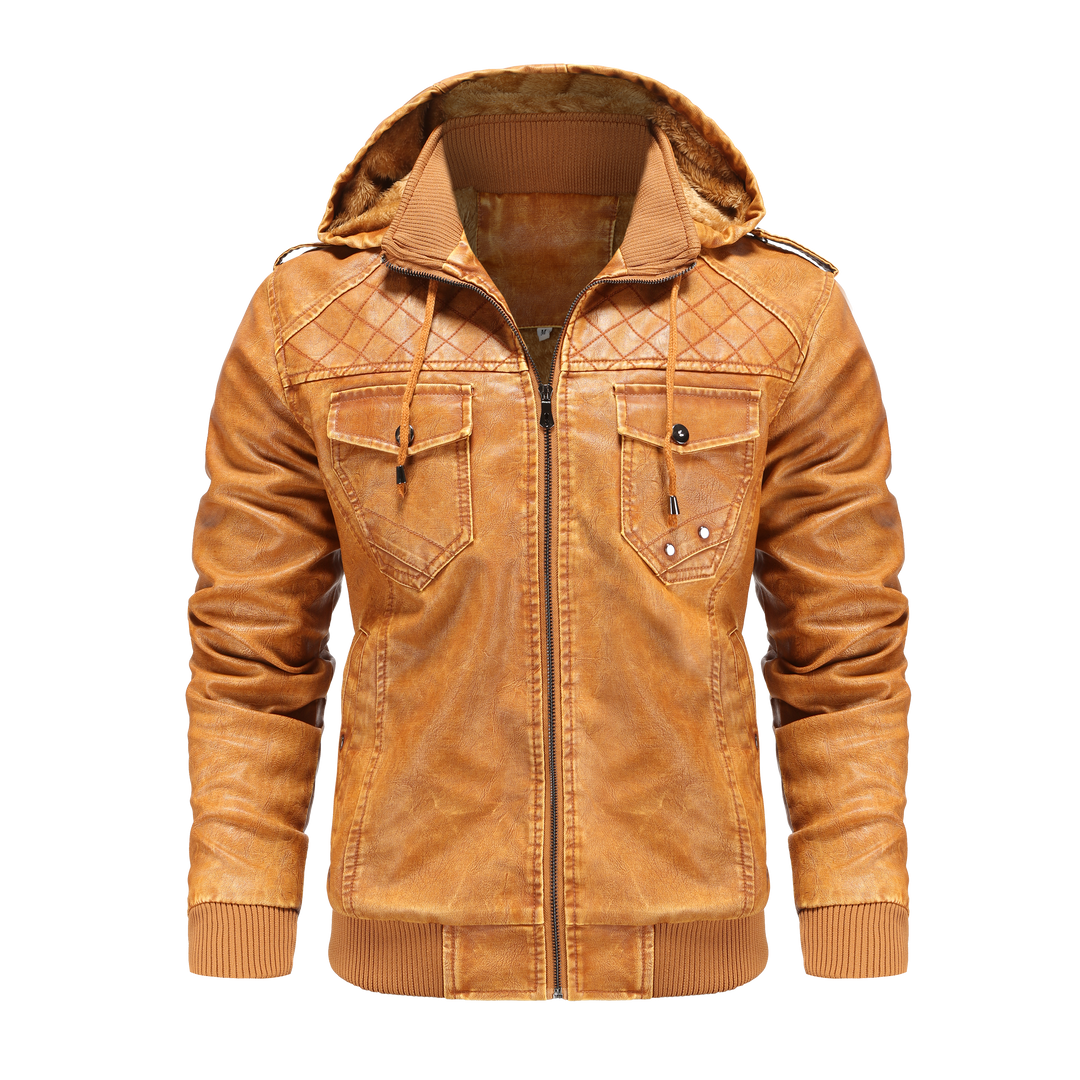 Men's casual hooded bomber jacket with ribbed details, a trendy outerwear choice for fall & winter streetwear.