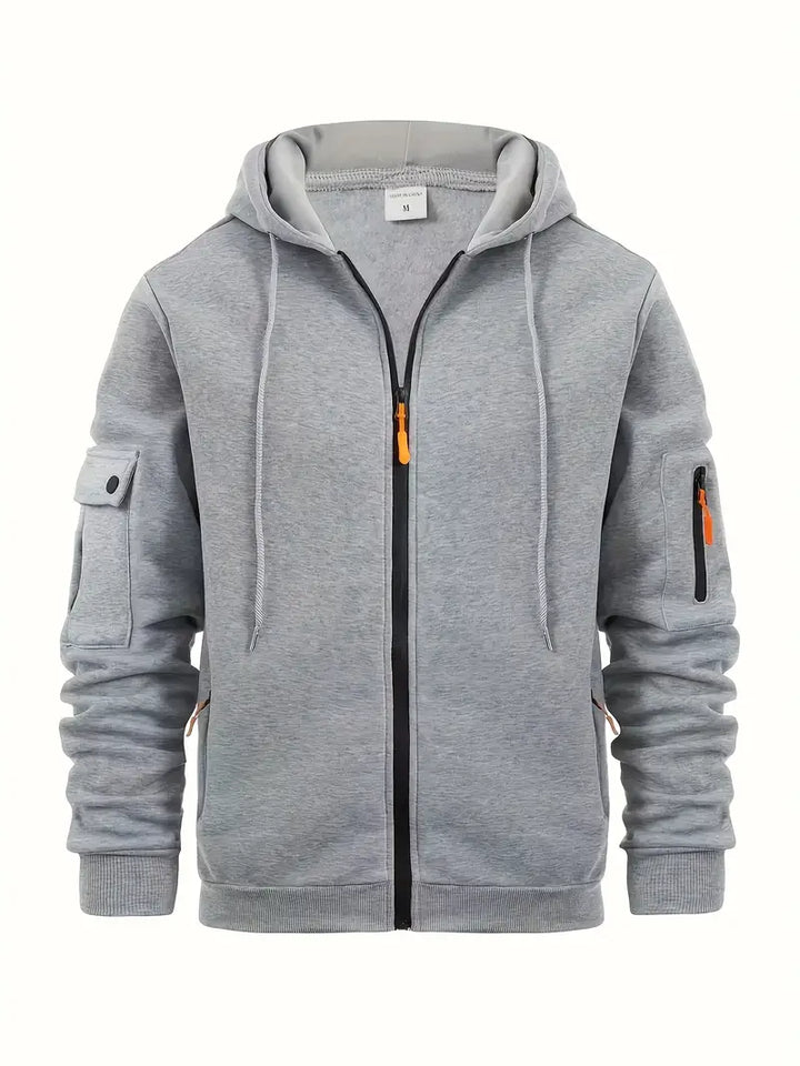 Men's stylish hooded cargo vest, ideal for casual layering, streetwear, and utility fashion. Features a full zip.