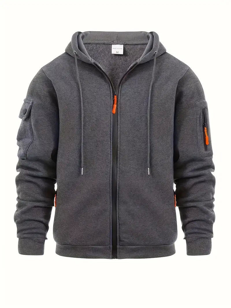 Modern men's full-zip hooded cargo vest with multiple pockets, perfect for outdoor activities & activewear.