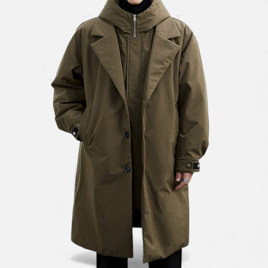 Men's stylish hooded mid-length trench coat, versatile autumn & winter outerwear.