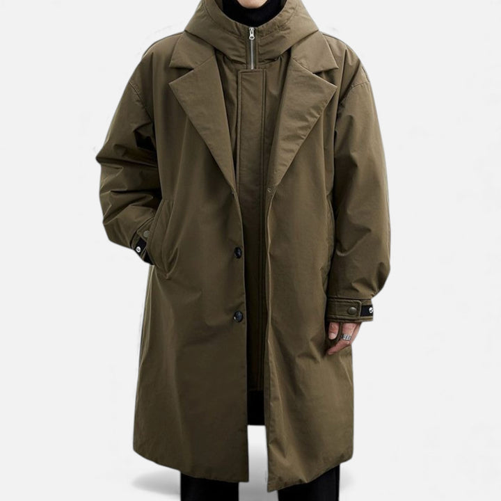 Men's stylish hooded mid-length trench coat, versatile autumn & winter outerwear.