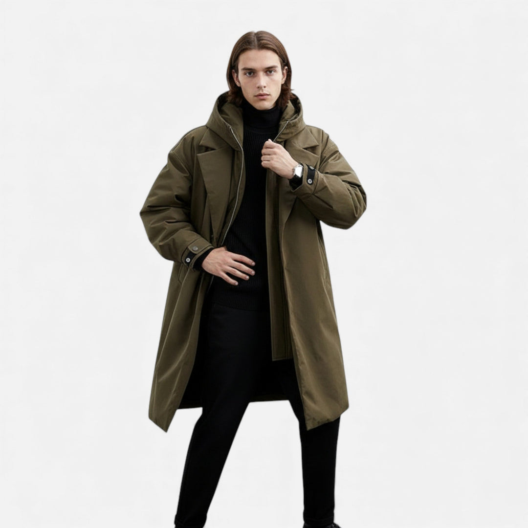 Protective men's mid-length hooded coat, ideal everyday outerwear for autumn & winter.