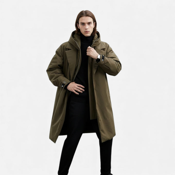 Protective men's mid-length hooded coat, ideal everyday outerwear for autumn & winter.