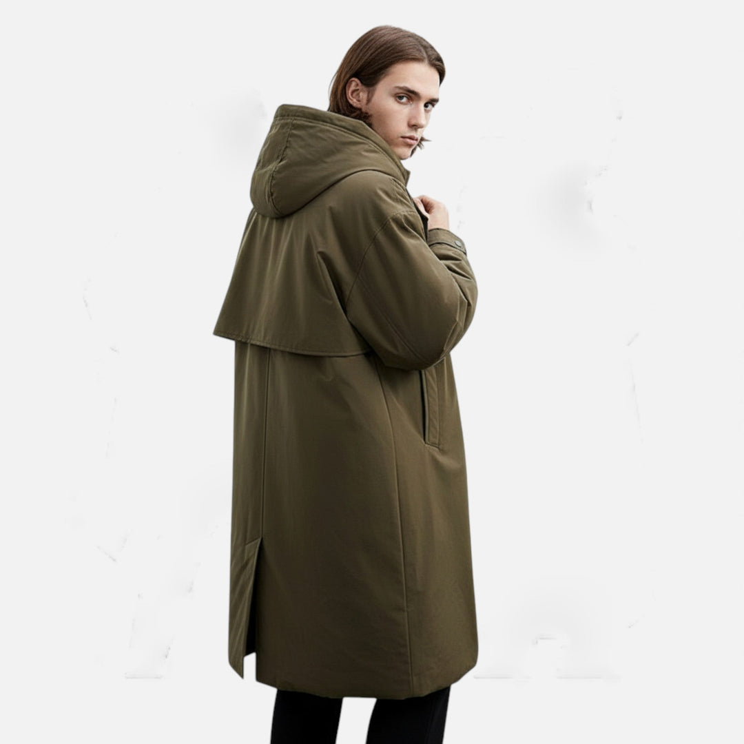 Stylish men's mid-length hooded trench coat for versatile autumn & winter fashion. Protective outerwear.