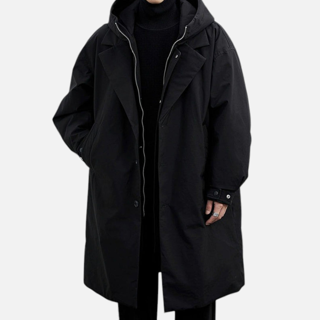 Versatile men's mid-length hooded coat, a stylish & protective trench for autumn/winter fashion.
