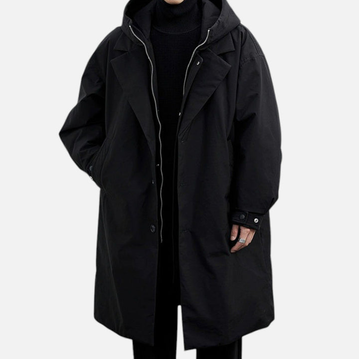 Versatile men's mid-length hooded coat, a stylish & protective trench for autumn/winter fashion.