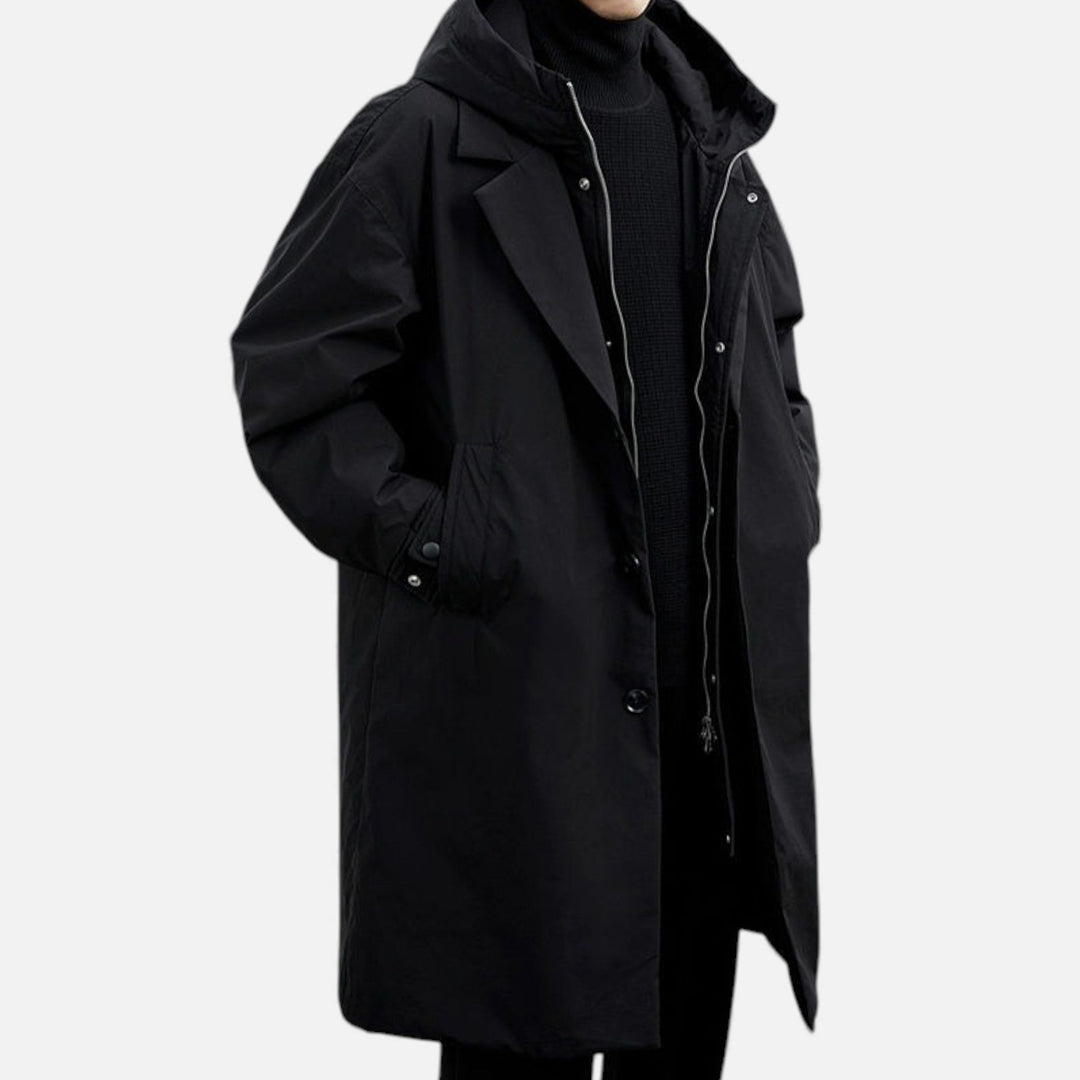 Contemporary men's hooded mid-length coat, protective trench style for autumn & winter outerwear.