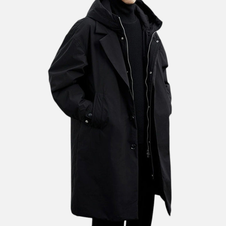 Contemporary men's hooded mid-length coat, protective trench style for autumn & winter outerwear.