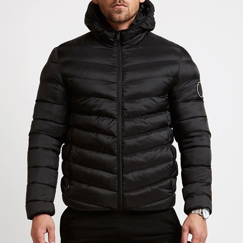 Men's stylish hooded puffer jacket for winter. Warm, insulated, quilted outerwear, perfect for cold weather. Full zip.