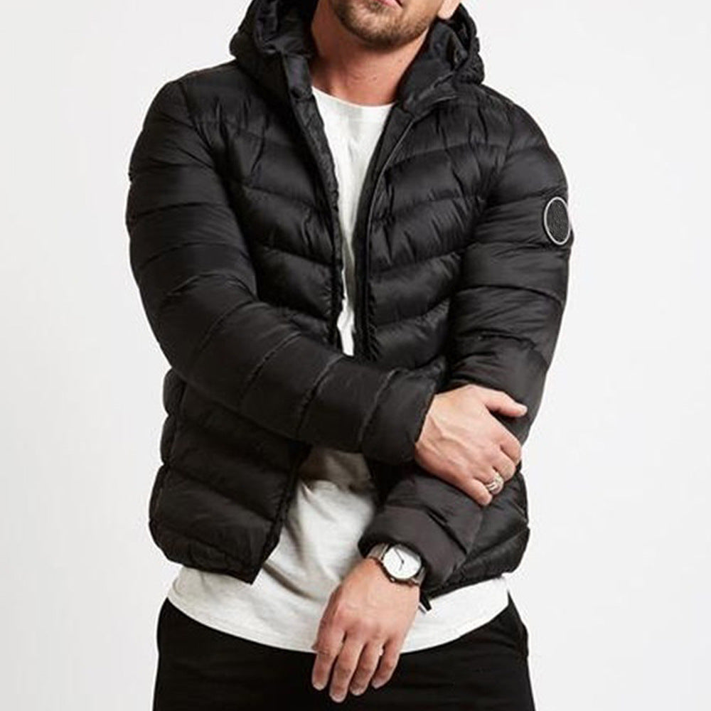 Warm men's hooded puffer jacket. Insulated & quilted winter coat, ideal for cold weather, casual urban style. Full zip.