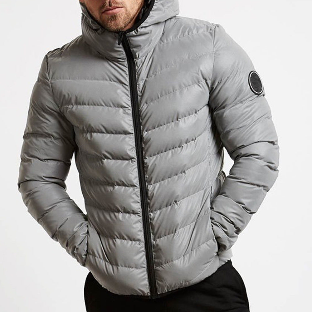 Casual men's hooded puffer jacket for winter. Warm, insulated, quilted outerwear, perfect for cold weather & urban style.