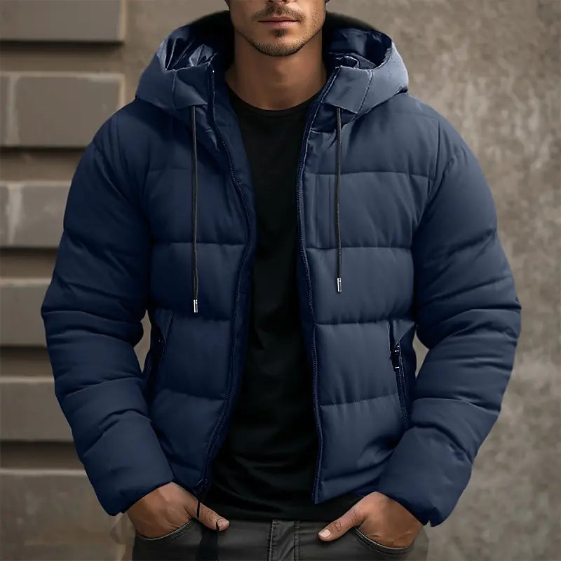 Men's stylish hooded winter puffer jacket. Warm, insulated outerwear perfect for cold weather protection.