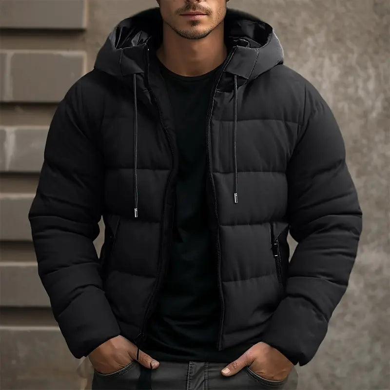 Warm men's winter puffer jacket with hood. Insulated outerwear for extreme cold weather, comfortable & stylish.