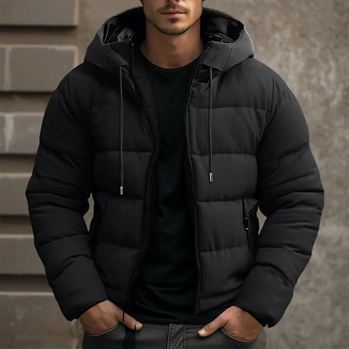 Warm men's winter puffer jacket with hood. Insulated outerwear for extreme cold weather, comfortable & stylish.