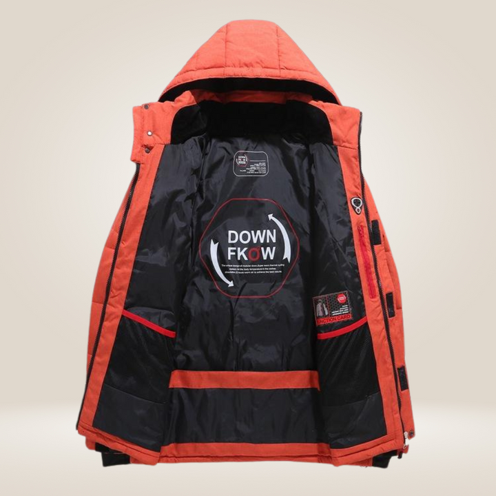 Stylish men's insulated winter jacket. Warm, durable outerwear for cold weather & outdoor use.