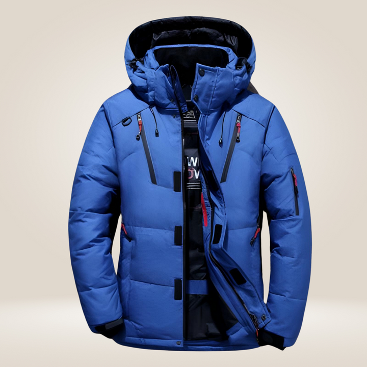 Close-up of the durable, insulated fabric on a men's stylish winter jacket, ensuring ultimate warmth.