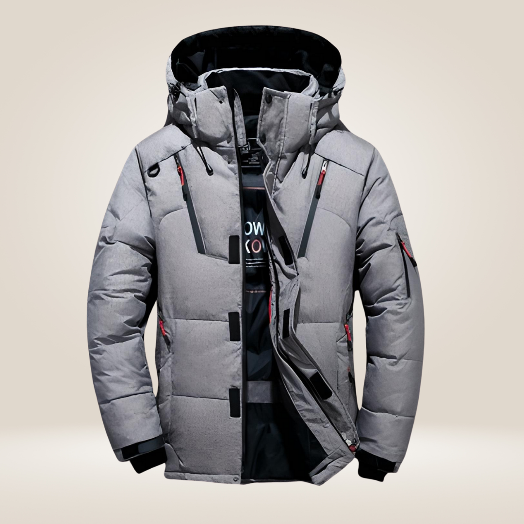 Side view of a men's fashionable insulated winter coat, offering warmth & protection from cold weather.