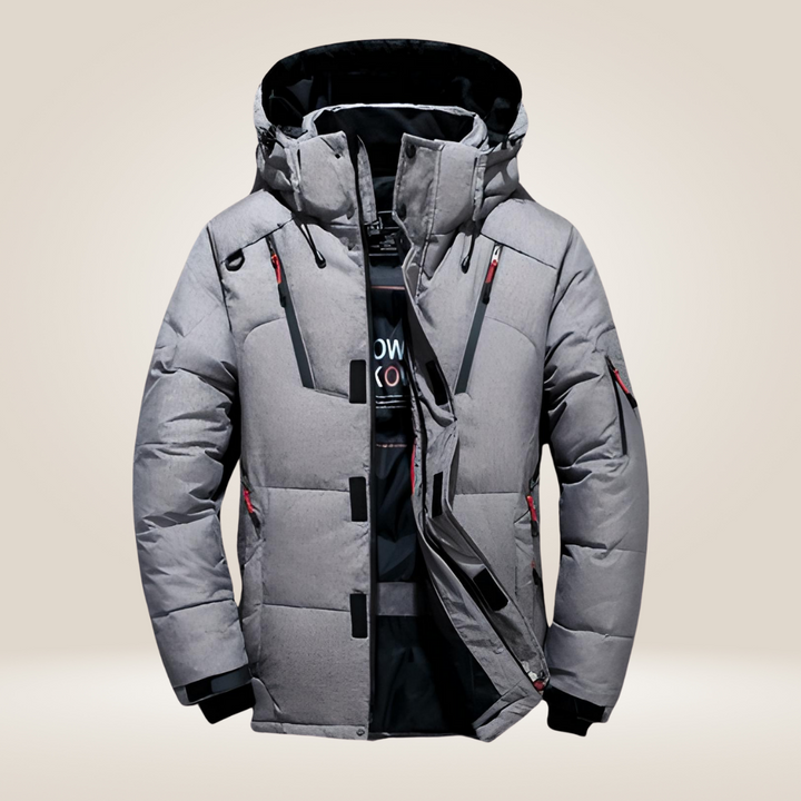 Side view of a men's fashionable insulated winter coat, offering warmth & protection from cold weather.