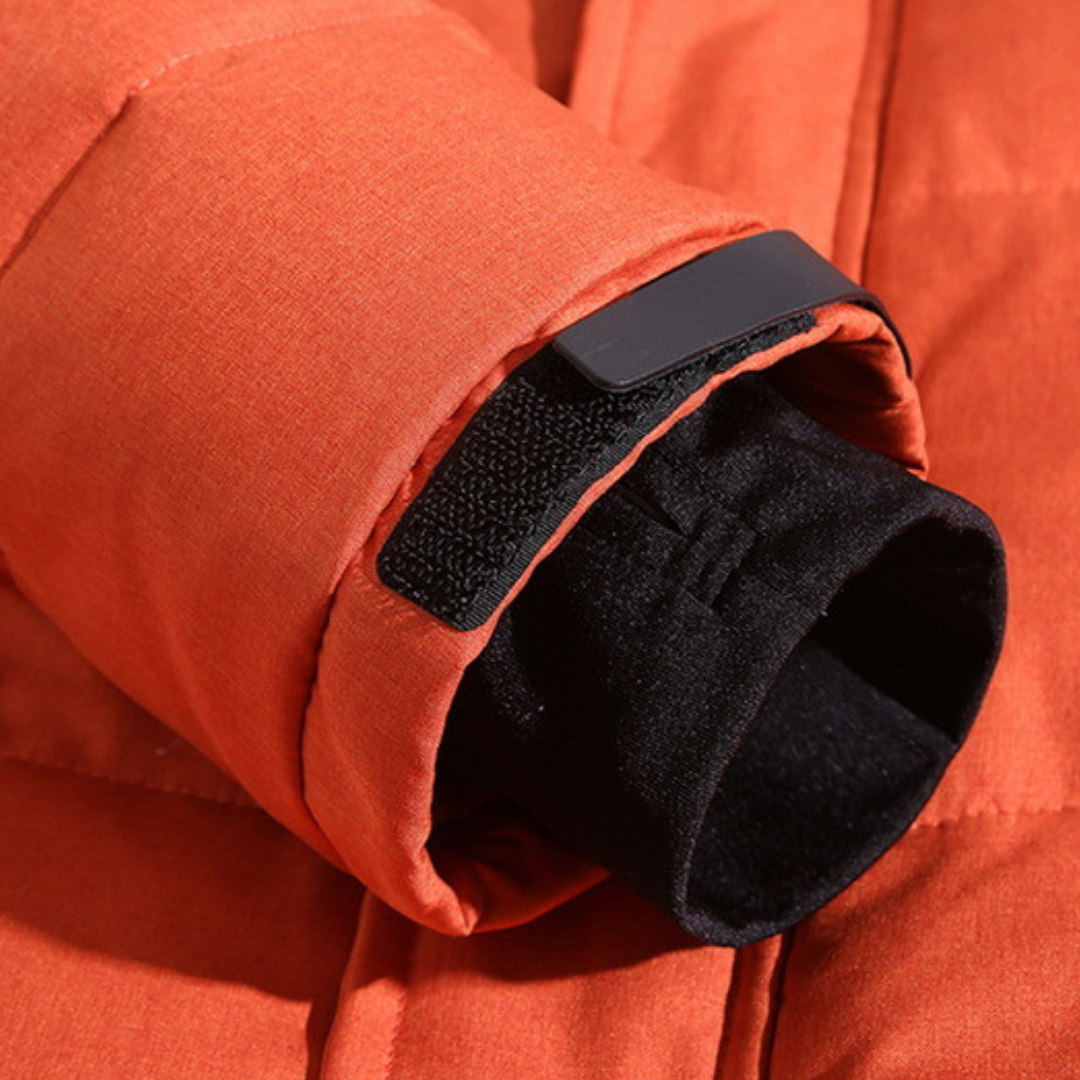 Back of a durable men's winter jacket, providing insulated warmth & stylish cold weather protection.