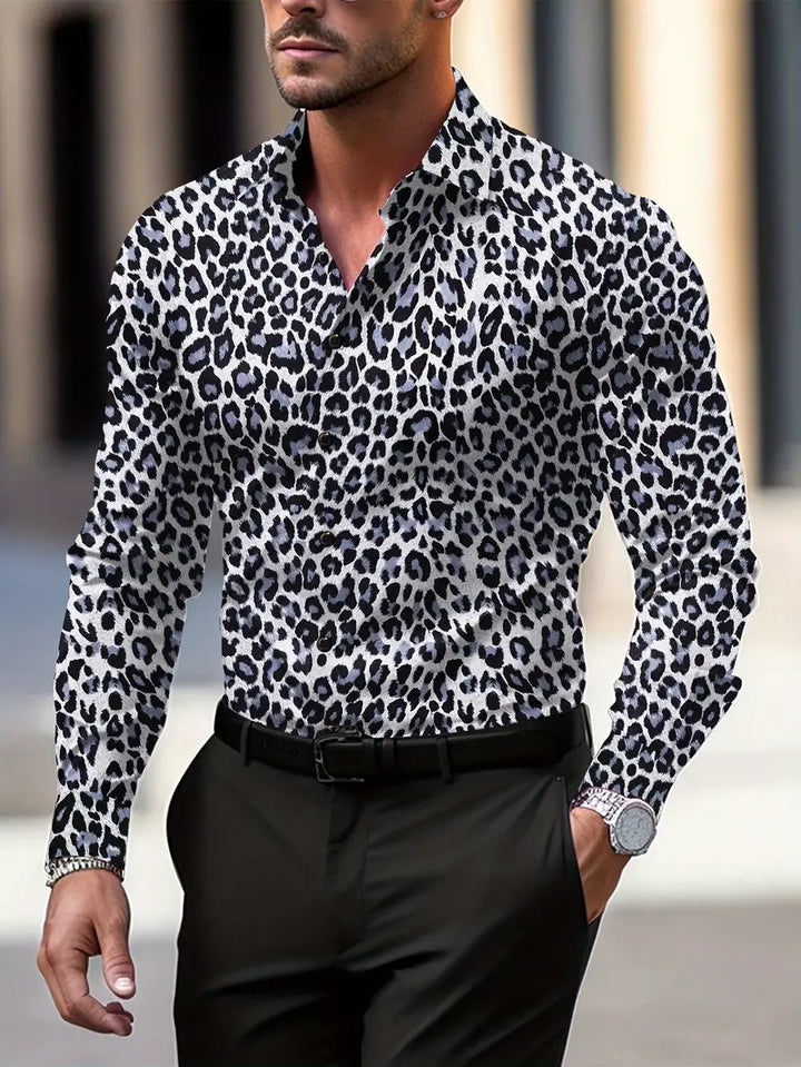 Men's stylish leopard print graphic button-down shirt, bold animal print casual wear.