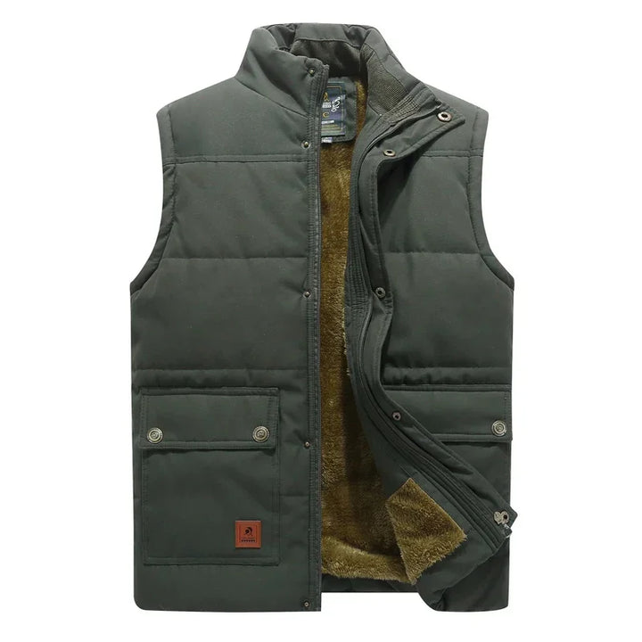 Army green men's bodywarmer vest, offering warmth without bulk for outdoor activities.