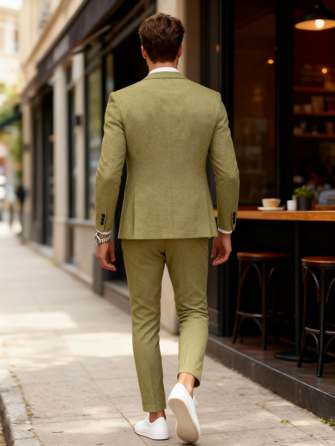 Modern men's linen blend suit, perfect for all-season fashion.