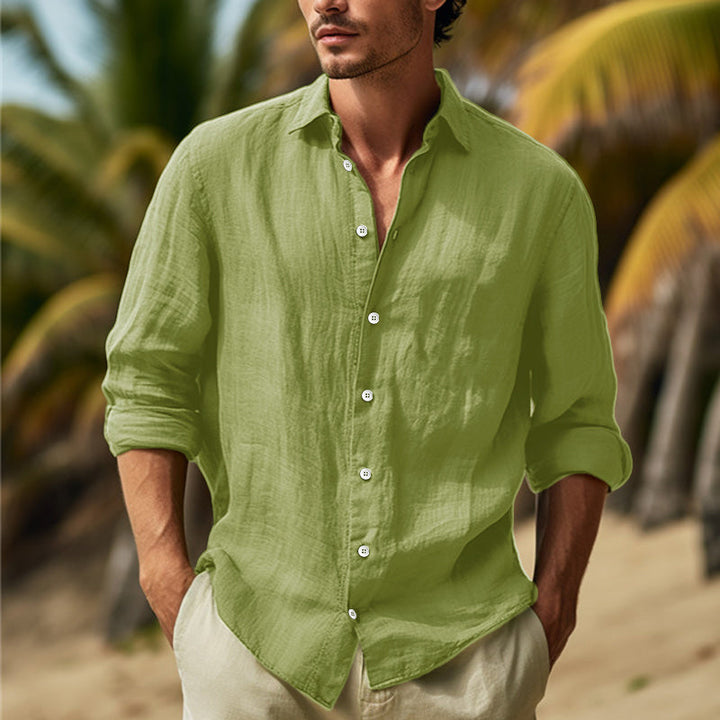 Comfortable men's long sleeve button-up shirt, ideal for warm days & everyday casual outfits.