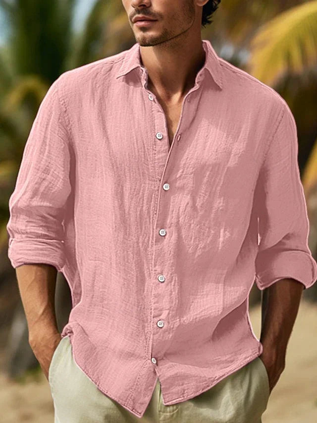 Lightweight & comfortable men's long sleeve button-up shirt, stylish for warm summer days.