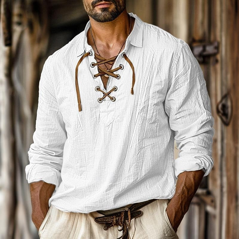 Close-up of men's versatile long sleeve casual shirt, showing stylish design & comfortable, breathable texture.