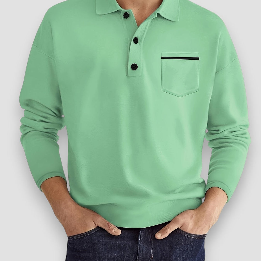 Stylish men's long sleeve polo with button placket, chest pocket, great for all-season casual elegance.