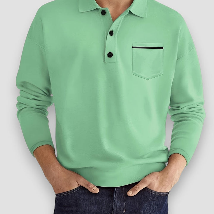 Stylish men's long sleeve polo with button placket, chest pocket, great for all-season casual elegance.
