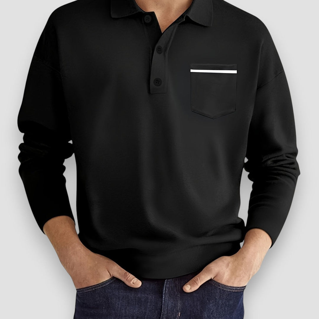 Elegant men's long sleeve polo with button placket & chest pocket, perfect for smart casual fashion.