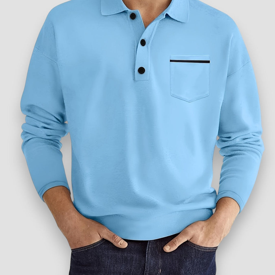 Stylish men's long sleeve polo, perfect for a refined casual look or smart everyday outfit. Versatile.