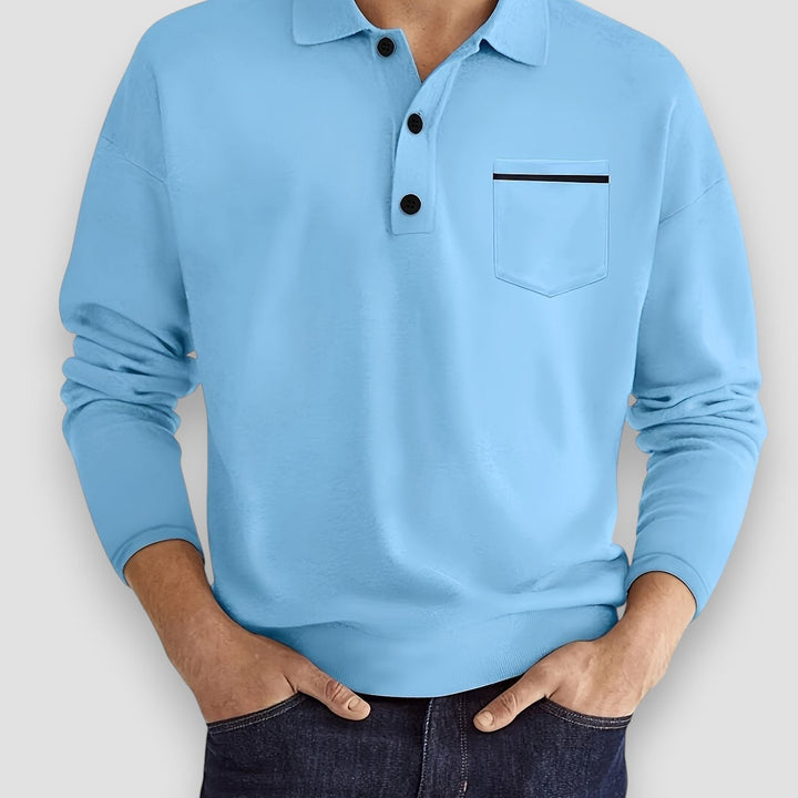 Stylish men's long sleeve polo, perfect for a refined casual look or smart everyday outfit. Versatile.