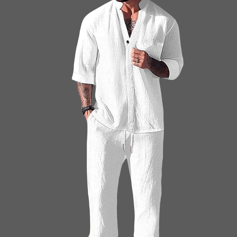 Men's stylish loungewear set with V-neck top & comfortable trousers. Perfect for ultimate relaxation.