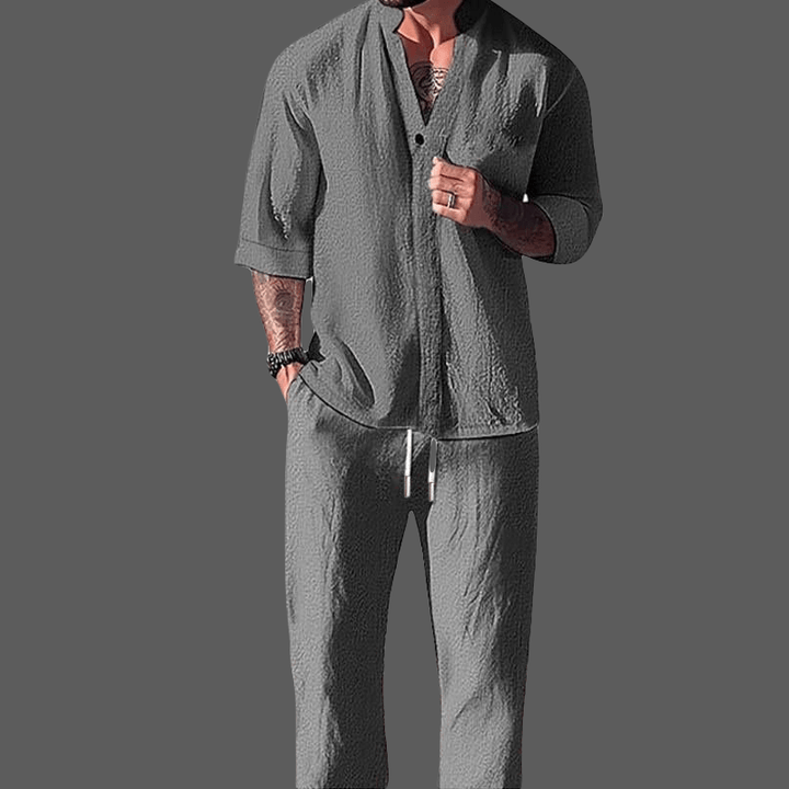 Stylish men's ultimate comfort loungewear. Casual V-neck top and soft trousers for relaxation at home.