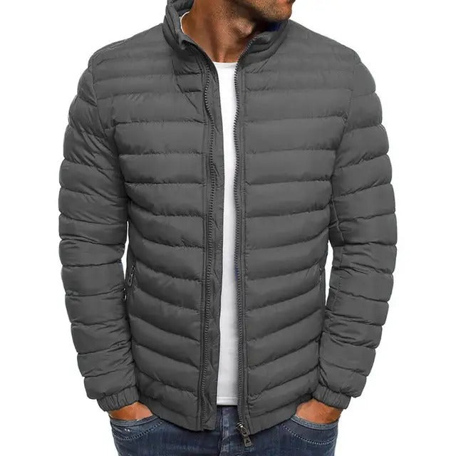 New men's lightweight mid-season jacket in dark blue, featuring a stand-up collar for casual style.