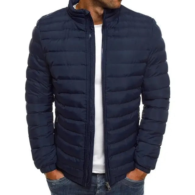 Black men's stylish mid-season jacket, lightweight and comfortable with a classic stand-up collar.