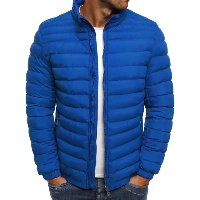 Versatile men's mid-season jacket in blue, featuring a stand-up collar and lightweight fabric for transitional weather.