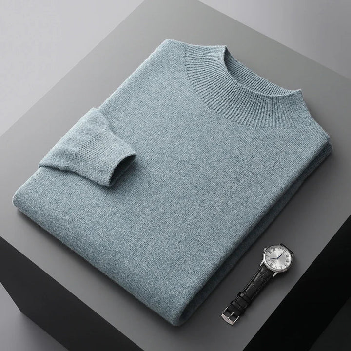 Textured men's mock neck sweater, long sleeve, providing elevated comfort & stylish modern feel.