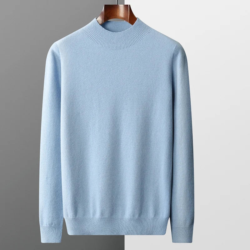 Versatile men's long-sleeve mock neck sweater, ideal for layered fall & winter wardrobe.