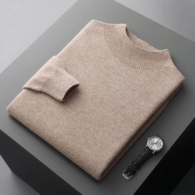 Modern men's mock neck sweater, comfortable long-sleeve essential for fall & winter style.